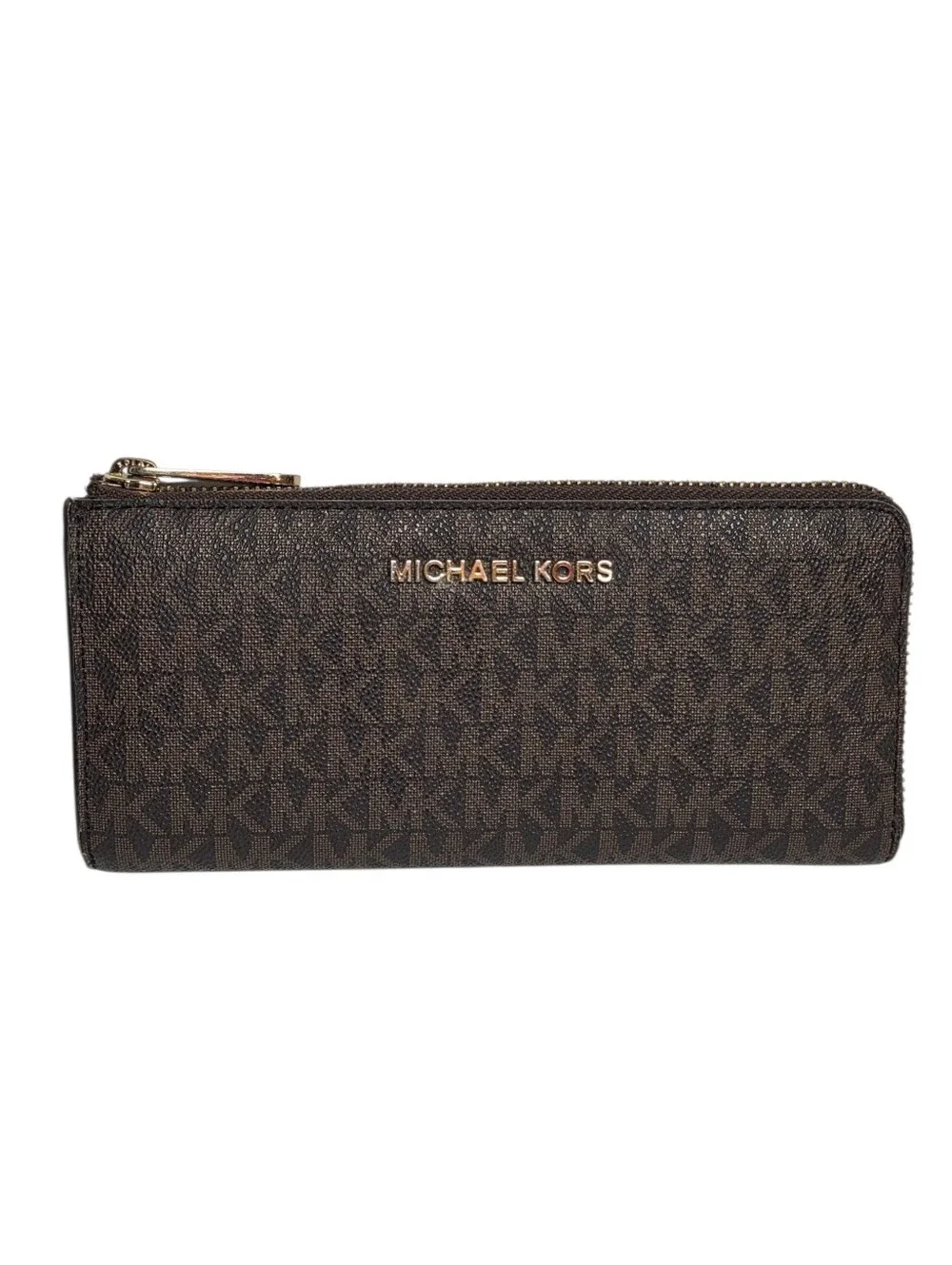 Michael Kors Wallet Brown Signature Jet Set Large Logo Quarter Zip Red Interior